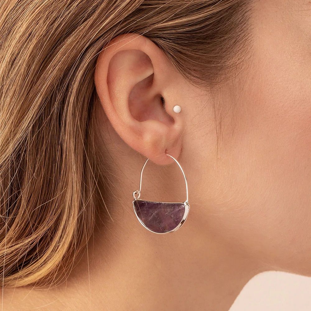 Stone Prism Hoop Amethyst Silver Earrings