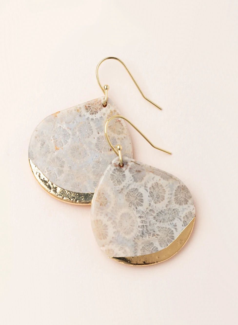 Fossil Coral Stone Dipped Teardrop Gold Earrings