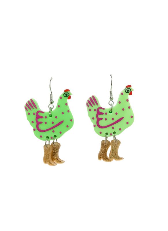 Lime Green Chicken Hen With Glitter Gold Boots Earrings