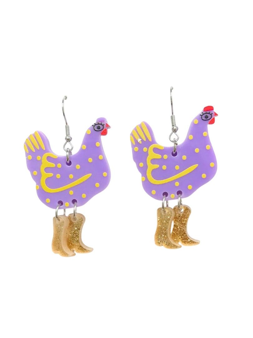 Purple Chicken Hen With Glitter Gold Boots Earrings