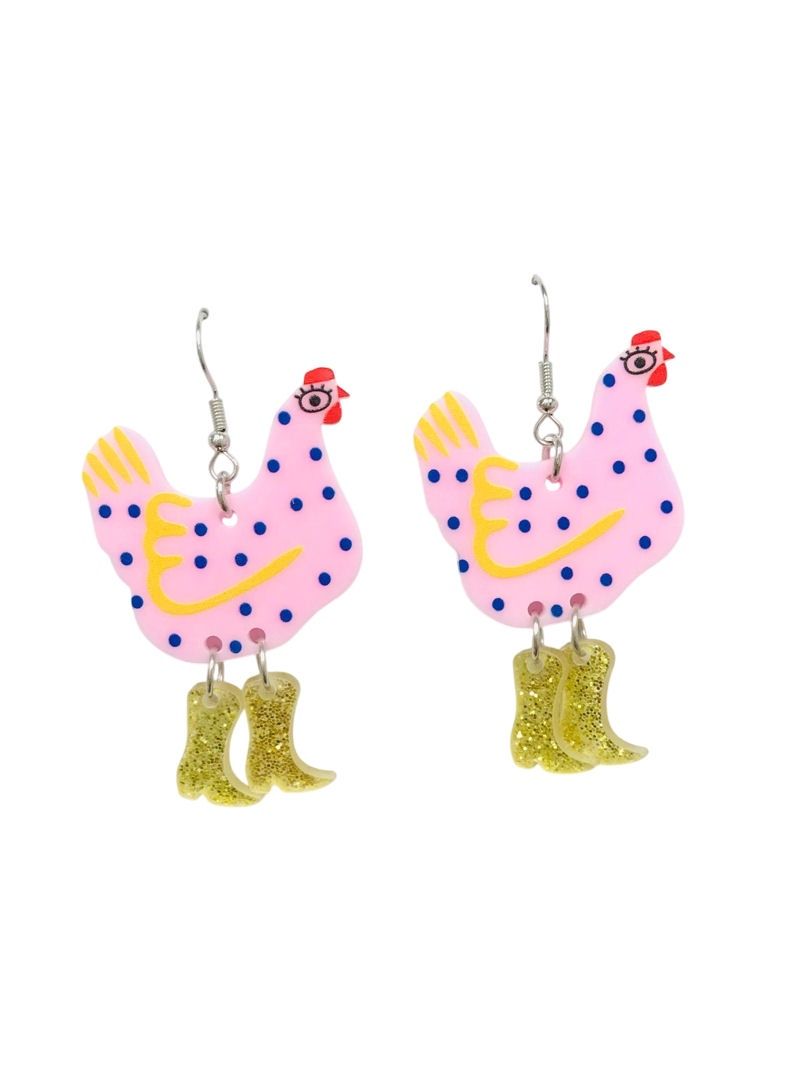 Acrylic Pink Chicken Hen With Glitter Yellow Boots Earrings
