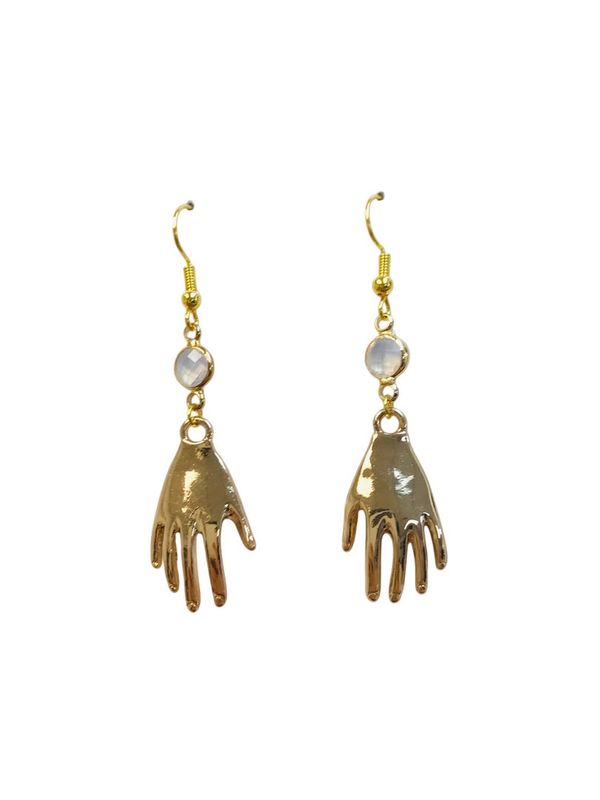 Palm Reading Hand Gold Earrings With Opal Gem