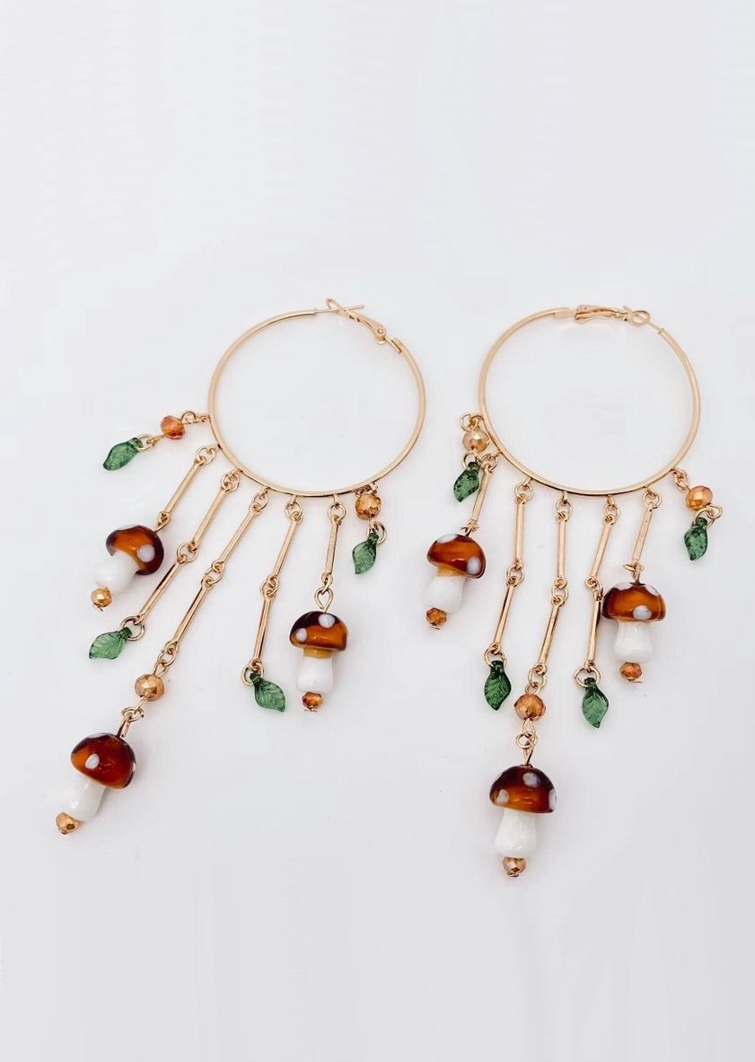 Mushroom Charm Tassel Large Ring Hoop Earrings