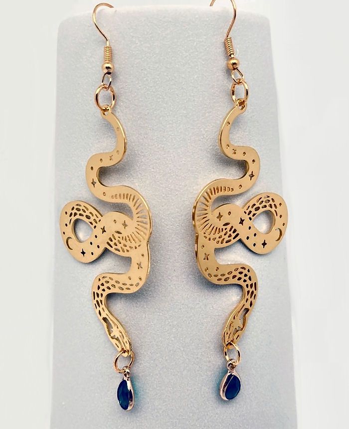 Bohemian Star Moon Snake Green Crystal Pendant Gold Earrings