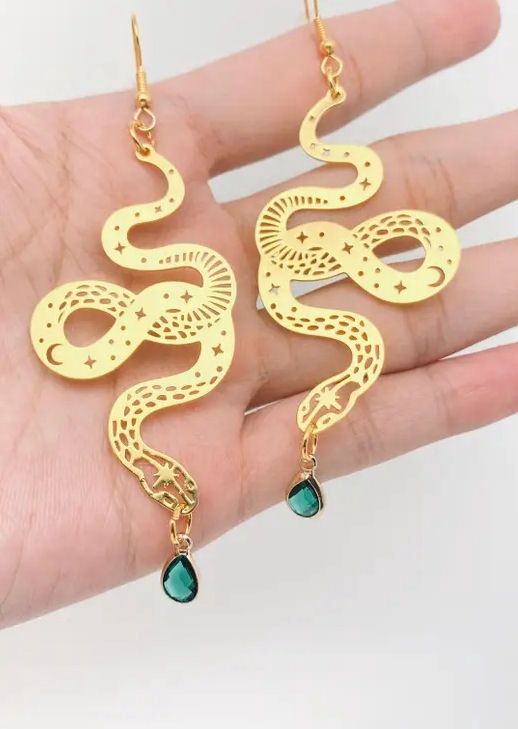 Bohemian Star Moon Snake Green Crystal Pendant Gold Earrings