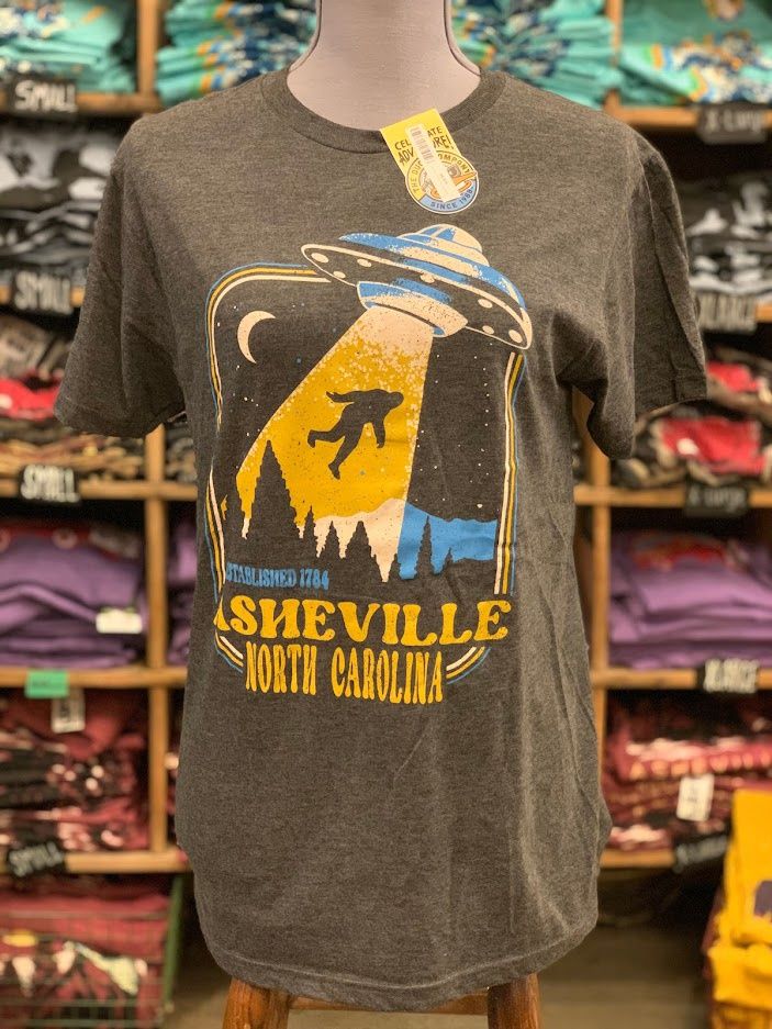 Beam Me Up Asheville North Carolina Grey Big Foot UFO T-Shirt, Size: Small