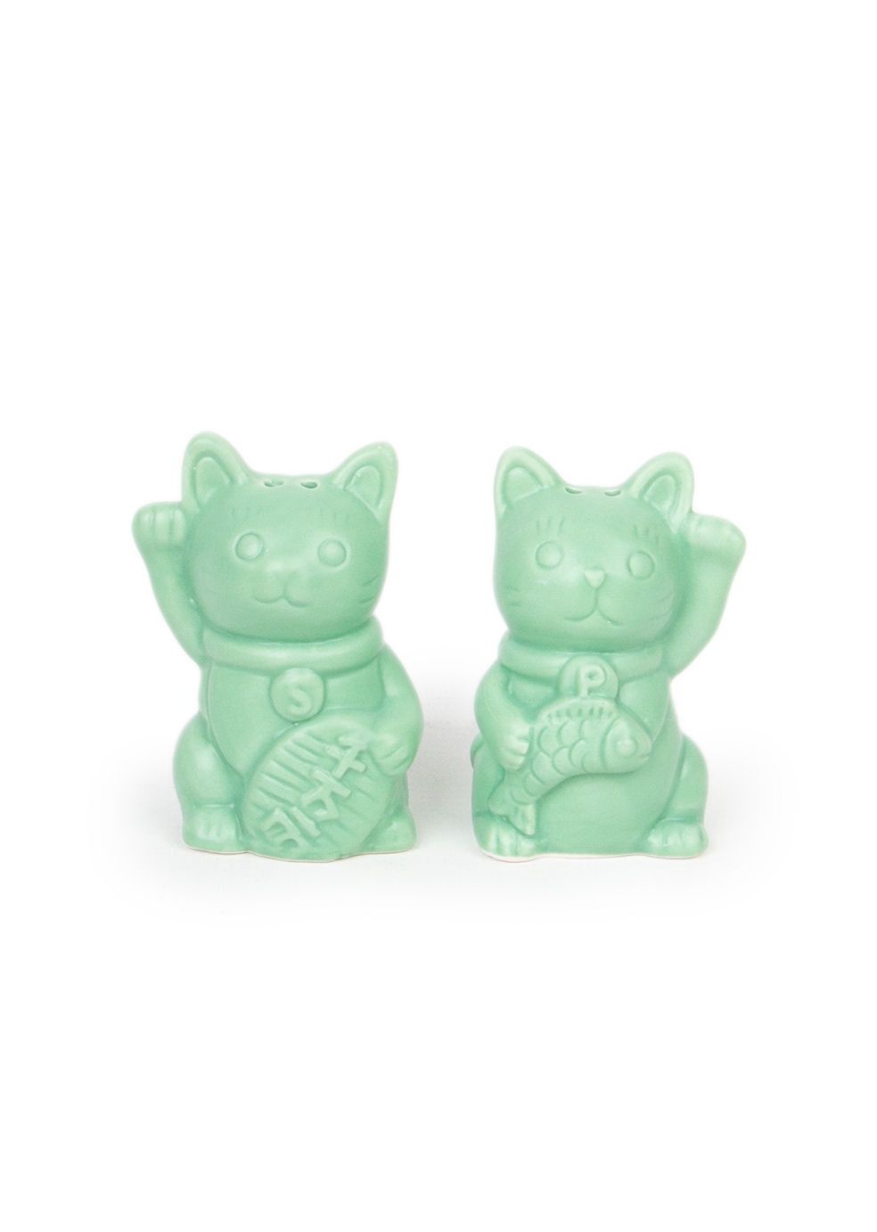 Maneki Neko Lucky Cat Green Salt And Pepper Shaker Set
