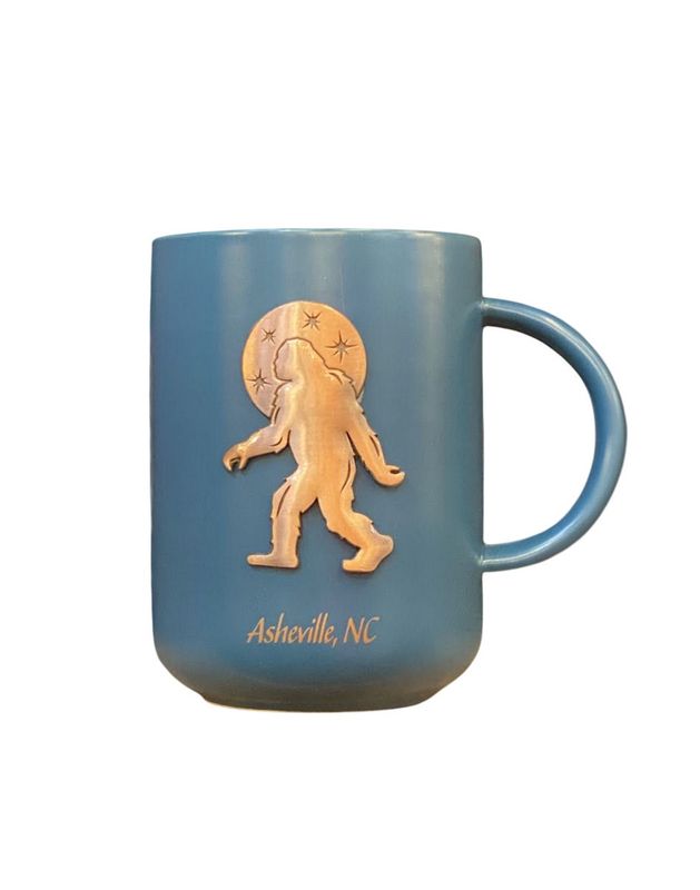 Gold Bigfoot Emblem Blue Asheville Mug