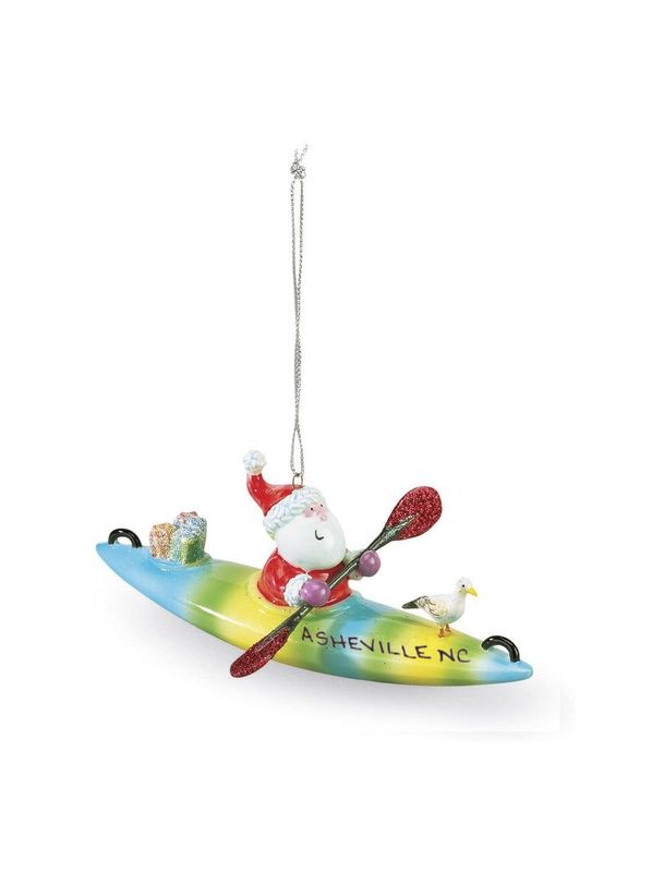 Asheville, NC Santa Kayak Ceramic Ornament