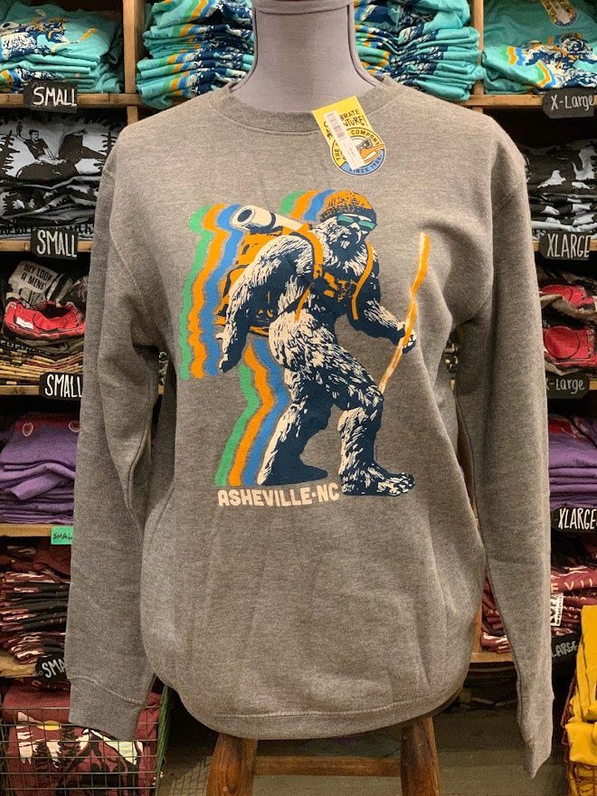Hiking Sasquatch Asheville NC Grey Crewneck Sweatshirt