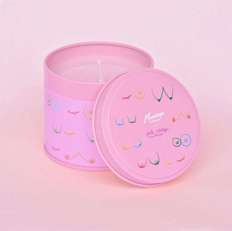 Pink Ribbon Bright Pink Boobs Tin Candle