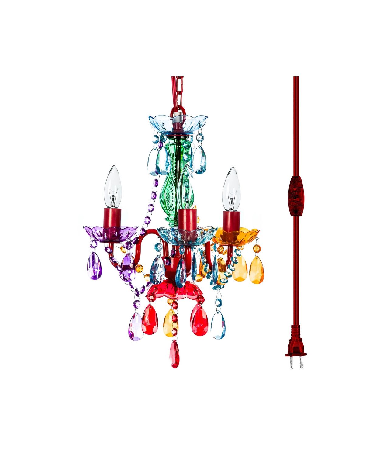 3 Light Multi Colored Plug In Chandelier