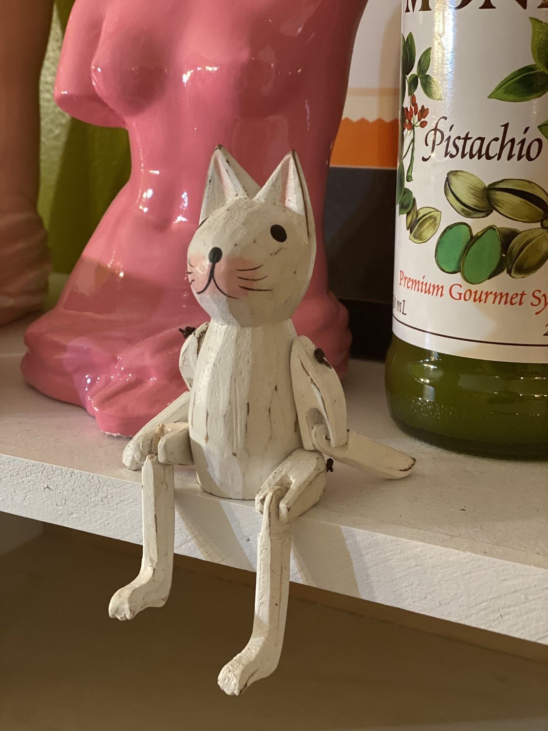 Small White Wood Cat Figurine