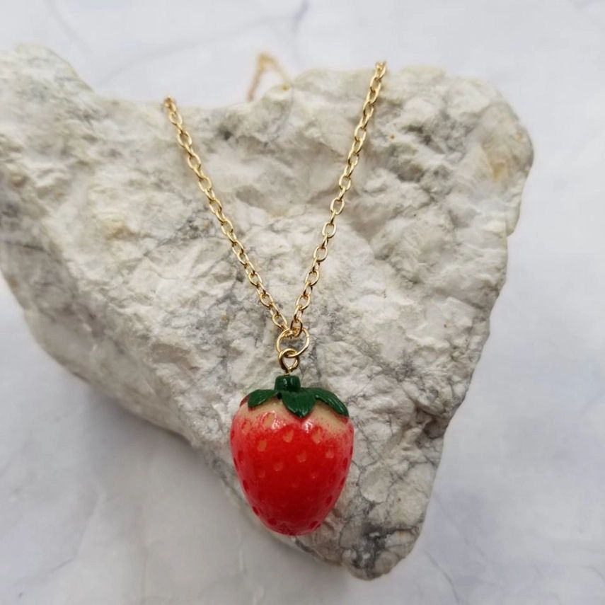 Summer Red Strawberry Gold Necklace