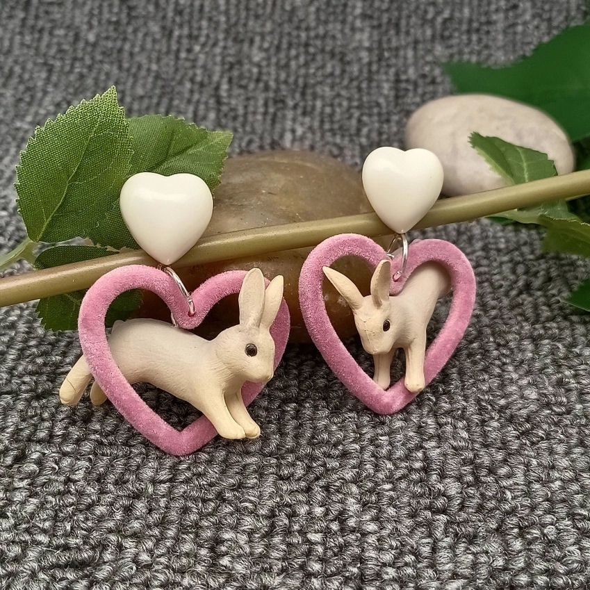 Resin Rabbit Plush Heart Earrings