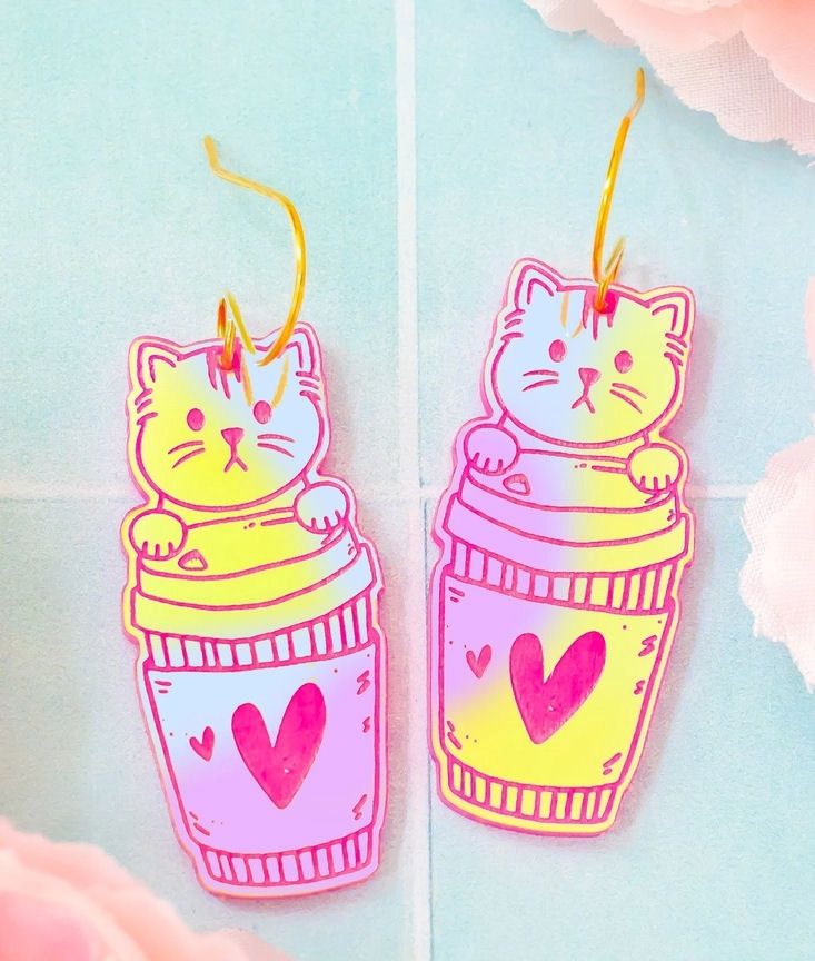 Holographic Pink Cat Coffee Cup Earrings