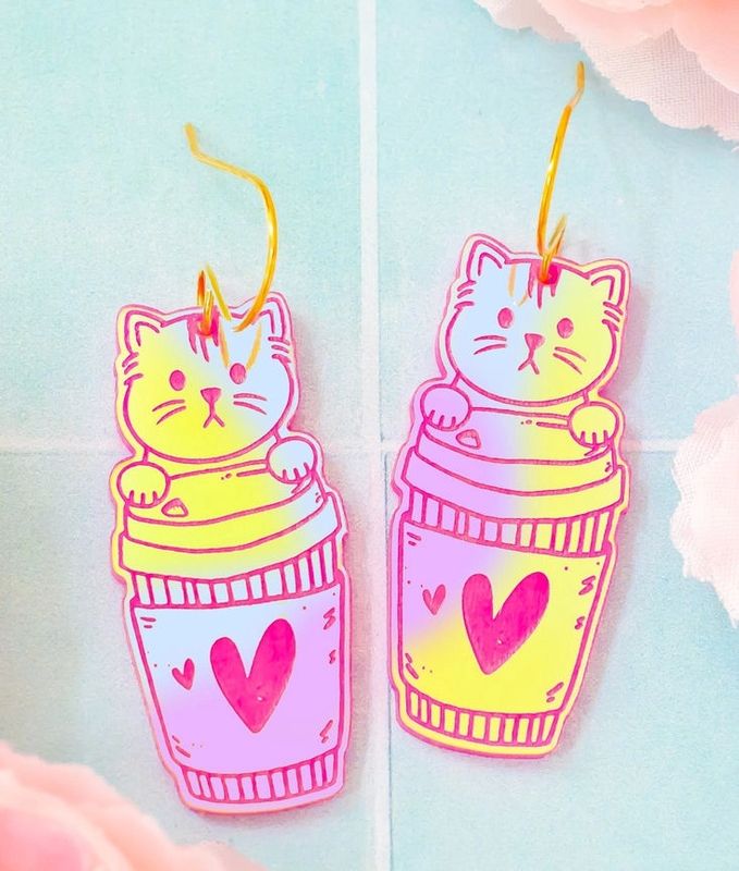 Holographic Pink Cat Coffee Cup Earrings
