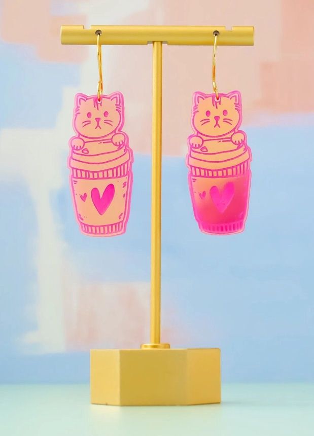 Holographic Pink Cat Coffee Cup Earrings