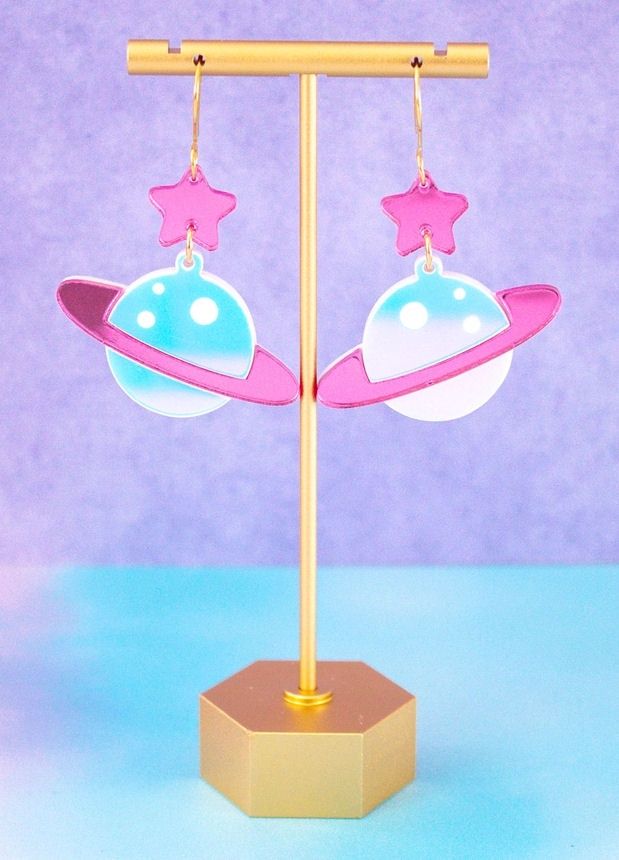 Celestial Holographic Saturn With Star Earrings