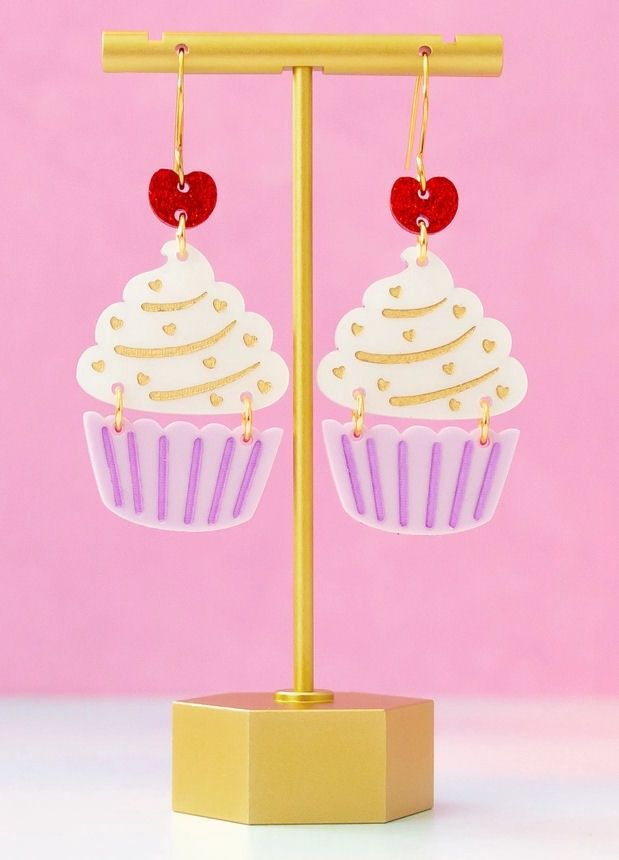 Purple And White Acrylic Cupcake Earrings