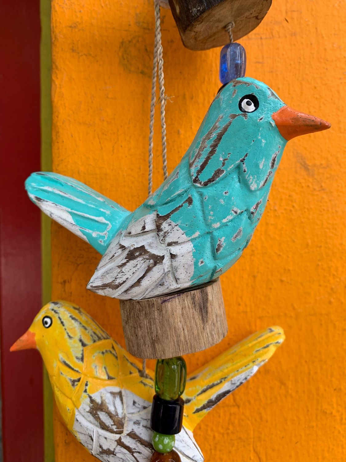 Three Feathered Wood Birds Beads And Bells