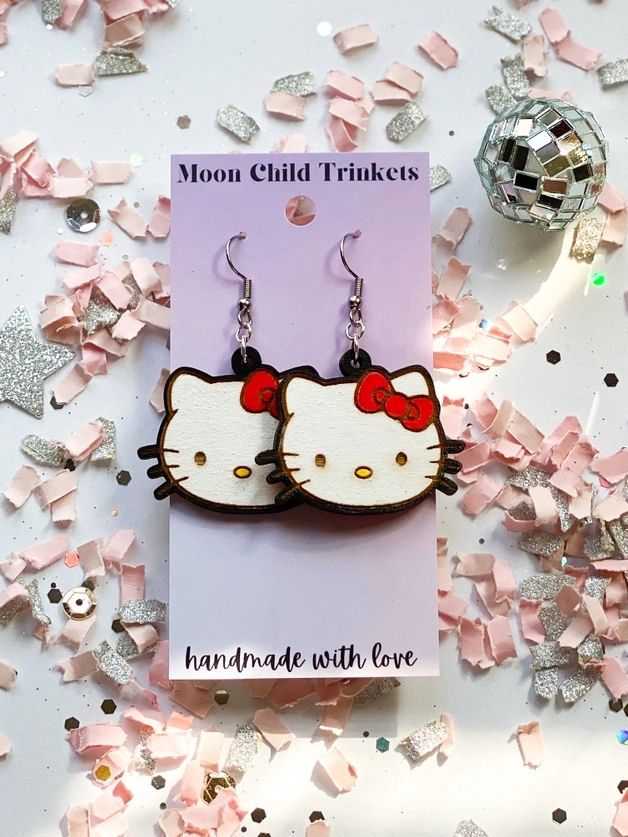 Hello Kitty Wood Dangle Earrings