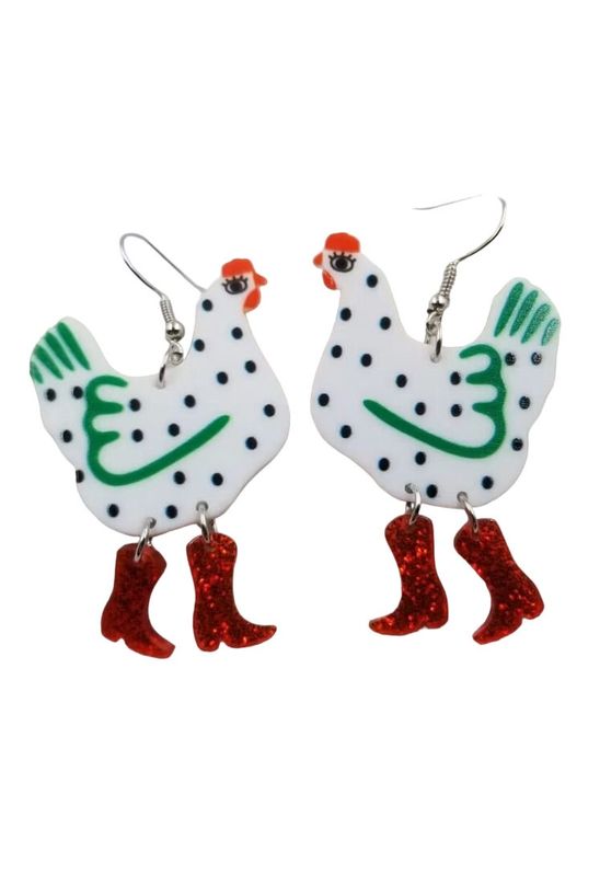 White Chicken Hen With Red Glitter Boots Earrings