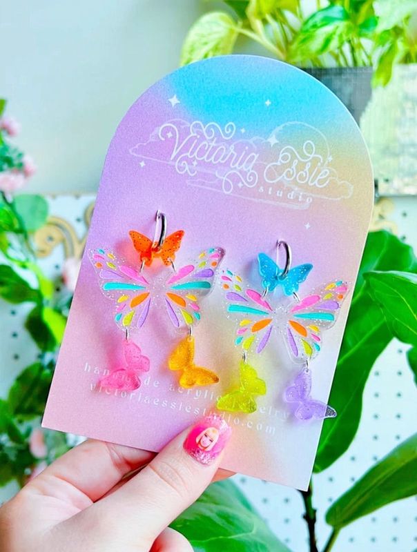 Rainbow Butterfly Hoop Dangle Earrings
