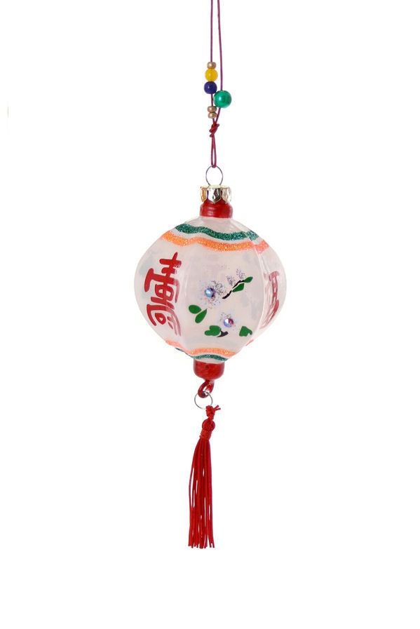 Glass Lantern Ornament White With Orange And Green Top