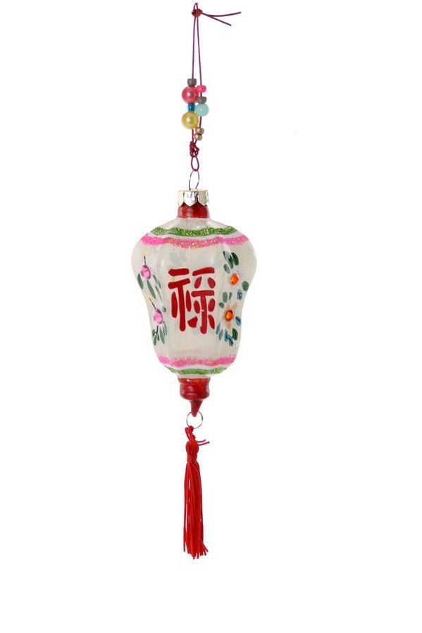 Glass Lantern Ornament White With Pink And Green Top