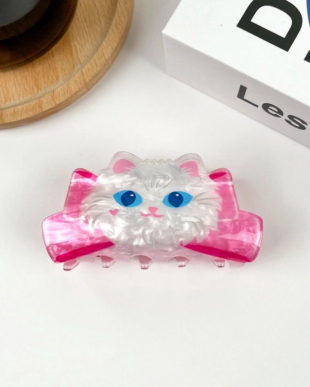 White Cat Pink Bow Hair Claw Clip