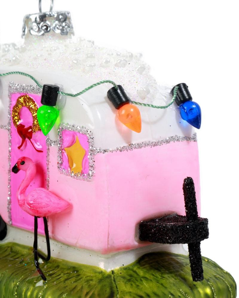 Pink Flamingo Camper Glass Ornament