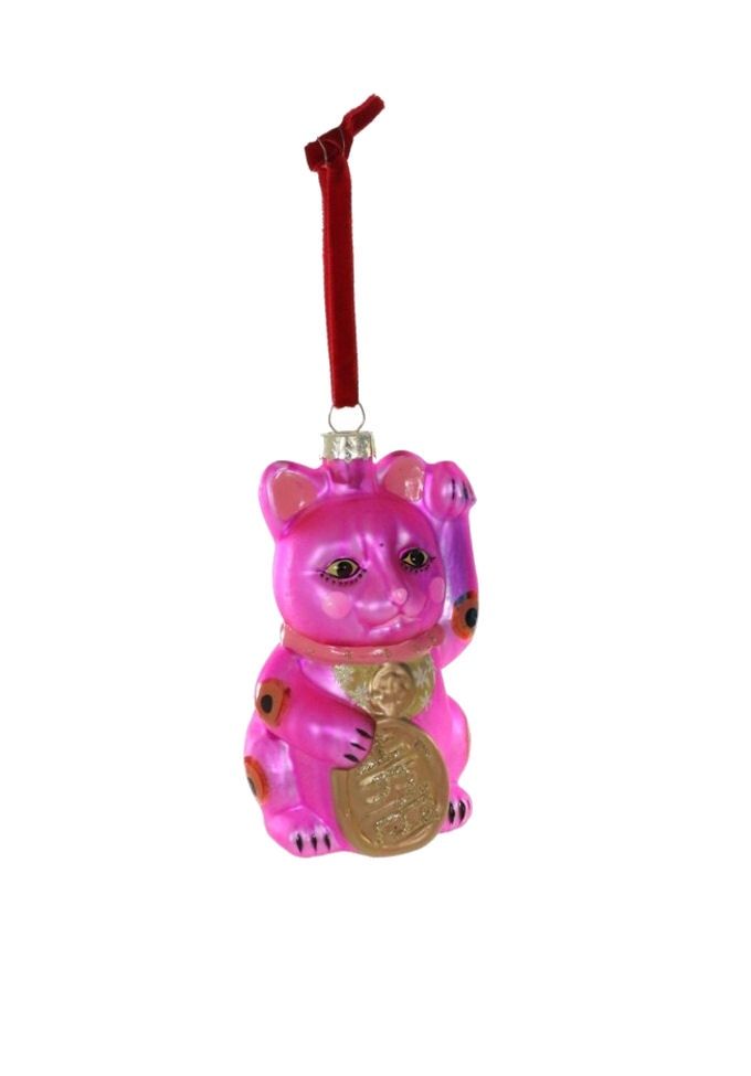 Pink Lucky Cat Glass Ornament