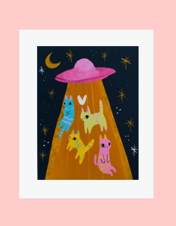 Space Invader Cats UFO Art Print 8x10