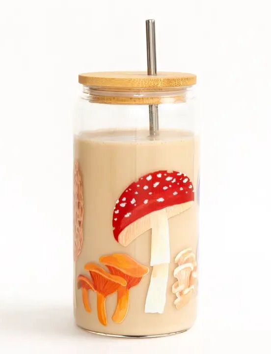Mushroom Glass Can Tumbler With Lid And Straw