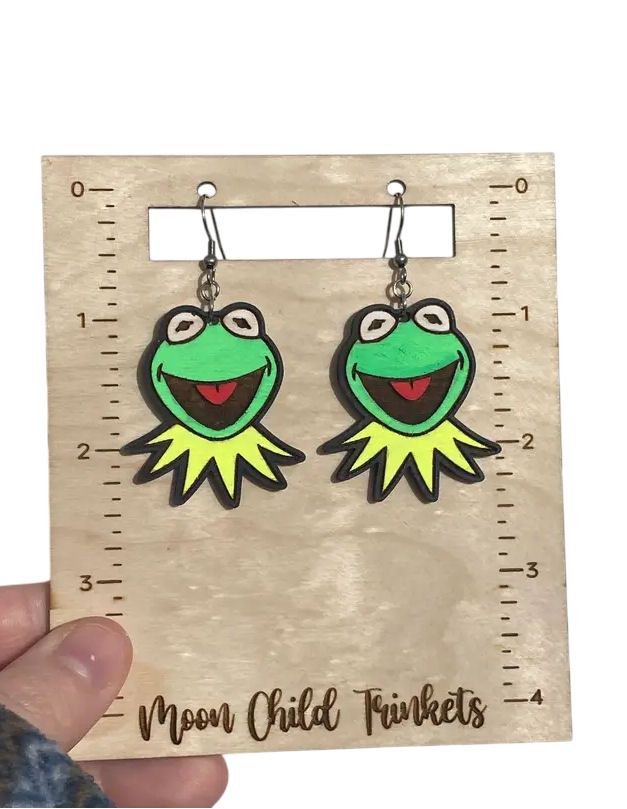 Kermit The Frog Muppet Wood Earrings