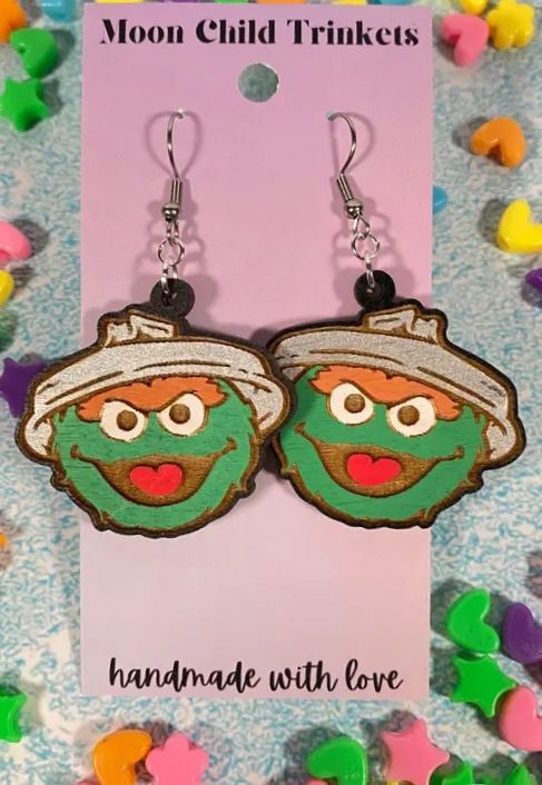 Oscar The Grouch Muppet Wood Earrings