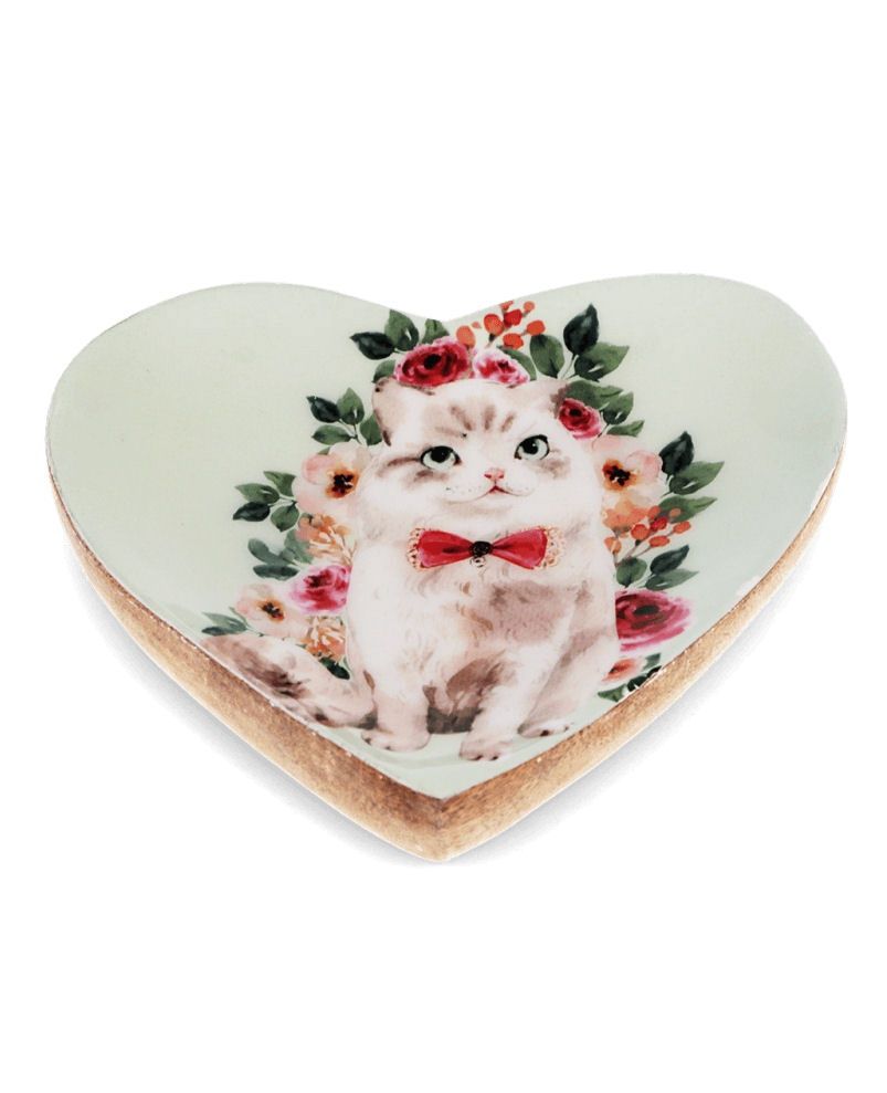 Cat With Bow Wooden Heart Shaped Trinket Dish