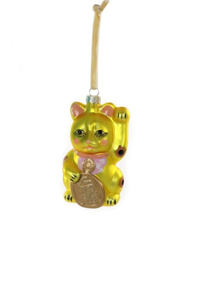 Yellow Gold Lucky Cat Glass Ornament