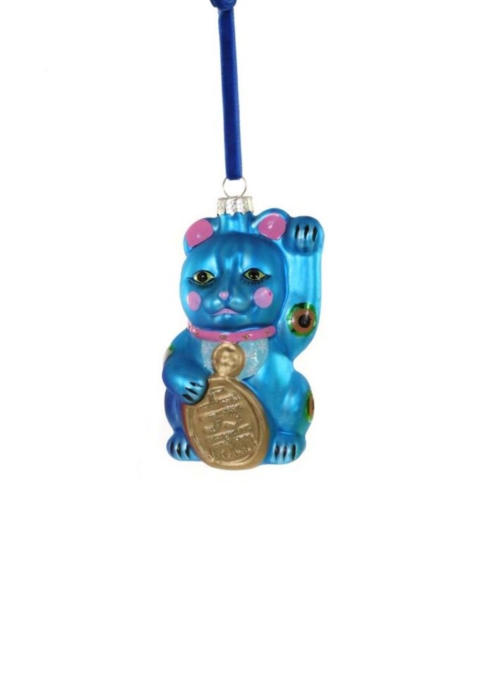 Blue Lucky Cat Glass Ornament