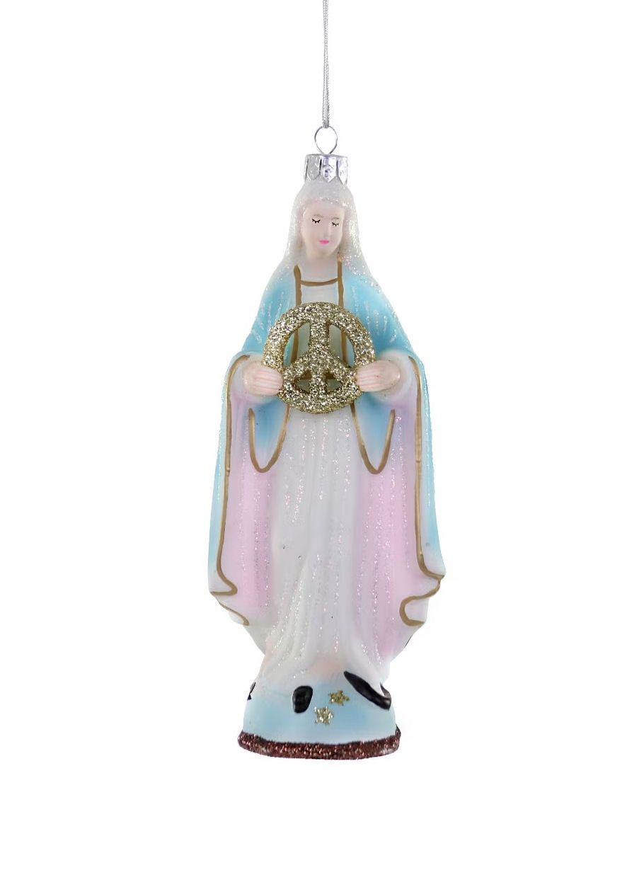 Mary With A Peace Sign Glass Ornament