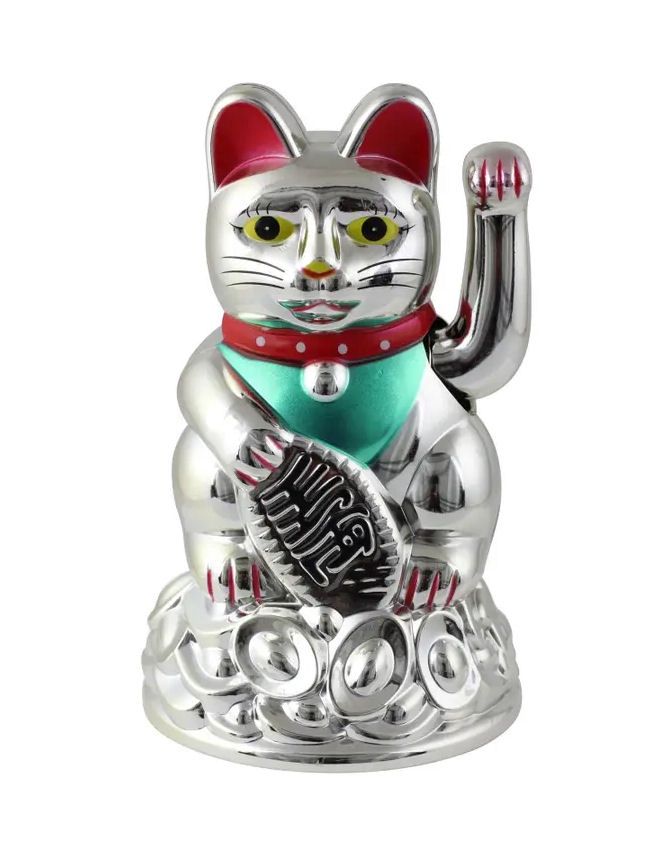 Silver Waving Lucky Cat Maneki-Neko 4.3&quot; (11cm)