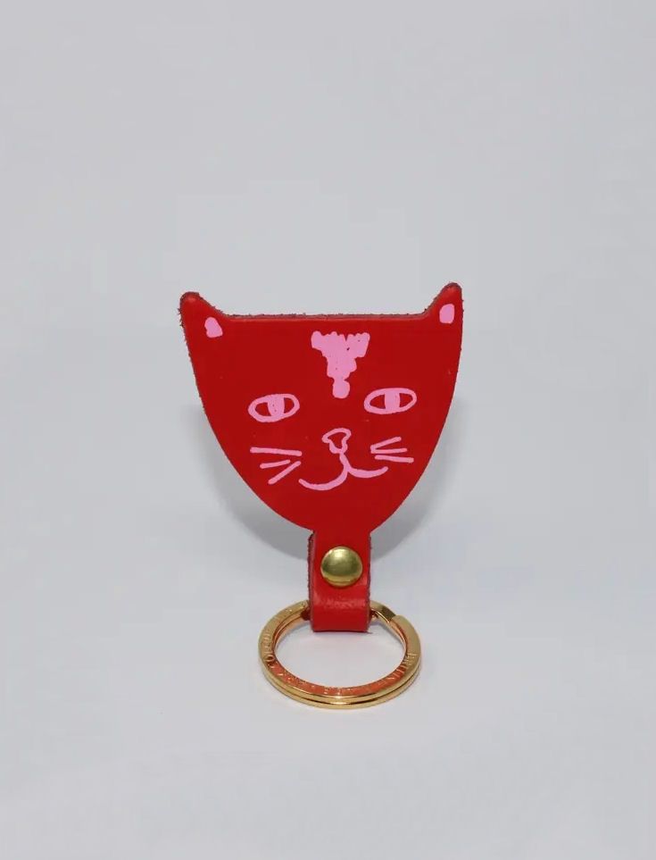 Red Leather Cat Face Keychain Key Fob