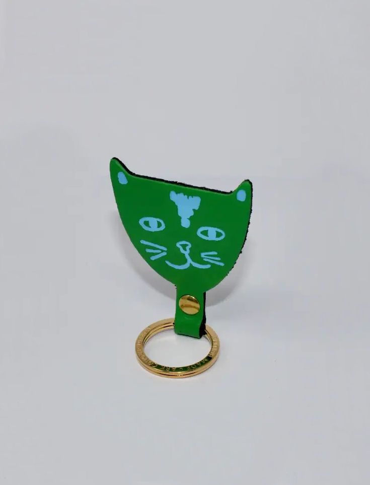Green Leather Cat Face Keychain Key Fob