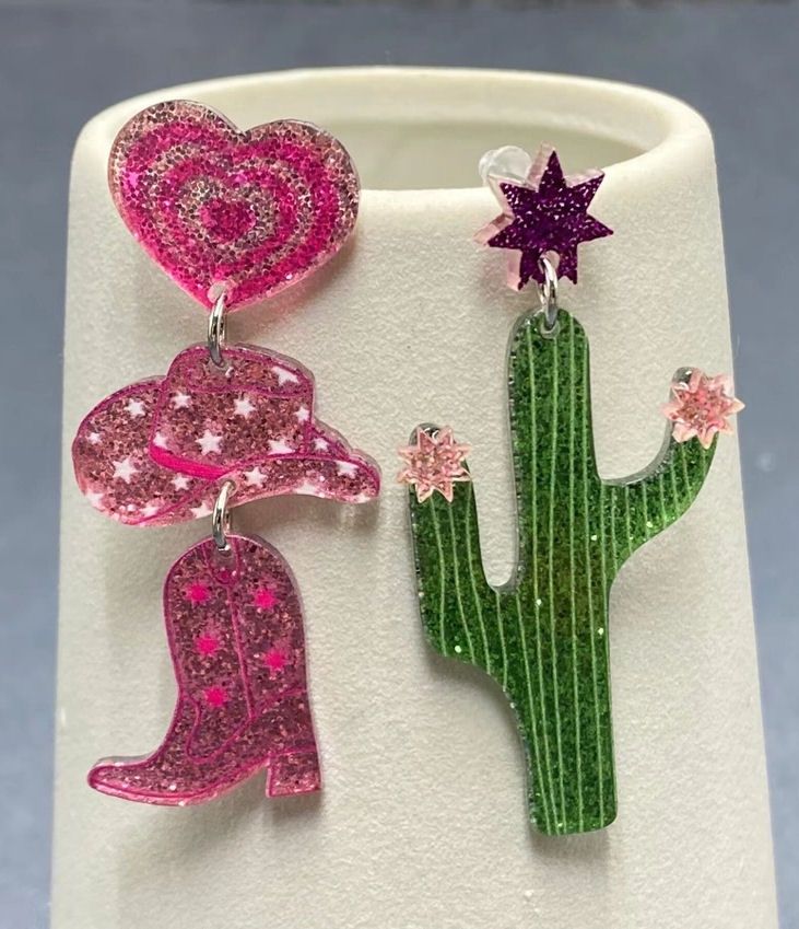 Western Style Acrylic Boots And Cactus Asymmetric Earrings