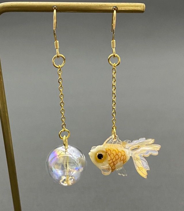 Asymmetric Yellow Goldfish Dangle Earrings