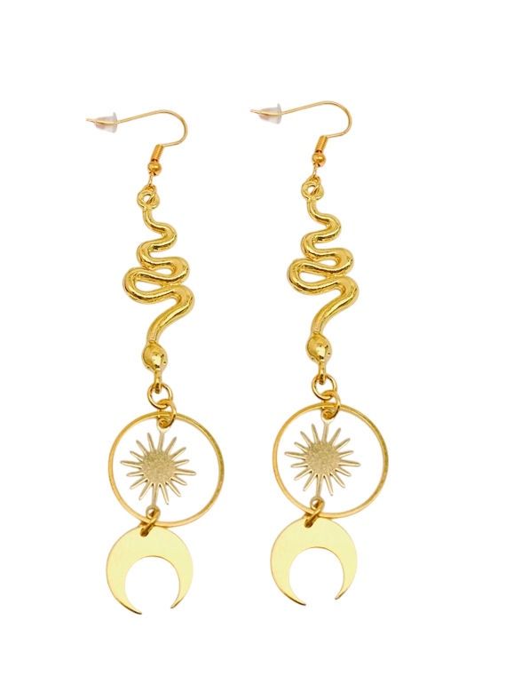 Snake, Moon, And Sun Witch Gold Earrings