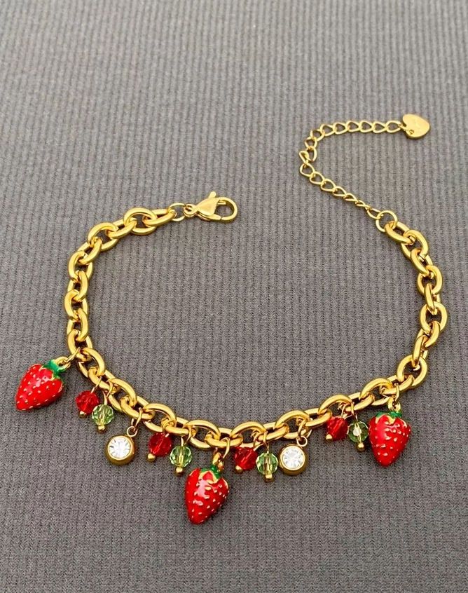 Enamel Strawberry Charm Gold Plated Bracelet