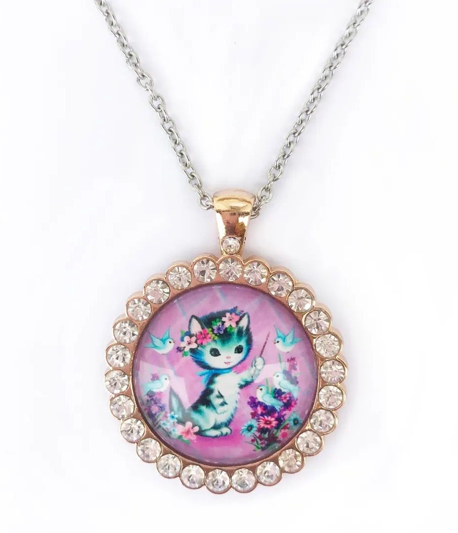 Vintage Kitty And Birds Rhinestone Necklace