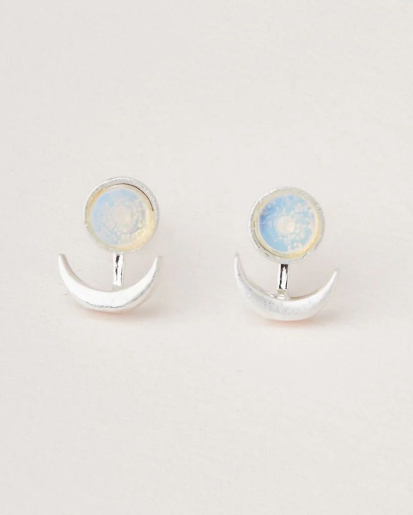 Stone Crescent Moon Phase Ear Jacket Opalite Silver Earrings